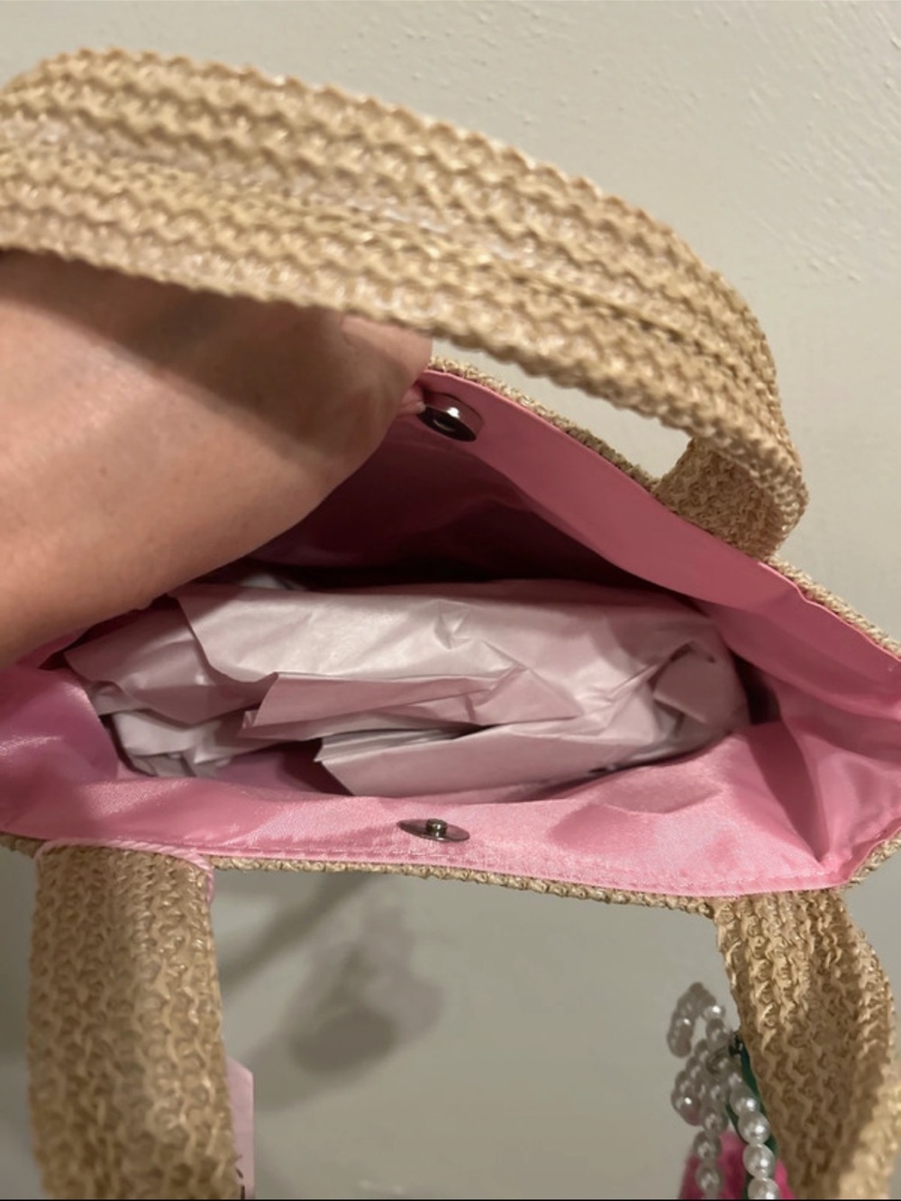 NWT Straw Tote Bag with Pink Cherry Embroidery and removable bag charm - Picture 6 of 7